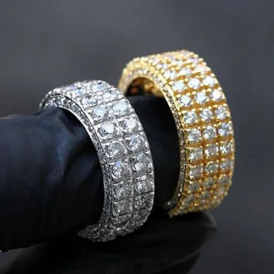 Fashion Silver Plated Micro Pave 2 Row Lab Diamond Gold Pave Setting 3 Row Lab Diamond Rings for Men Women Punk Hip Hop Jewelry Full Lab Diamond Ring