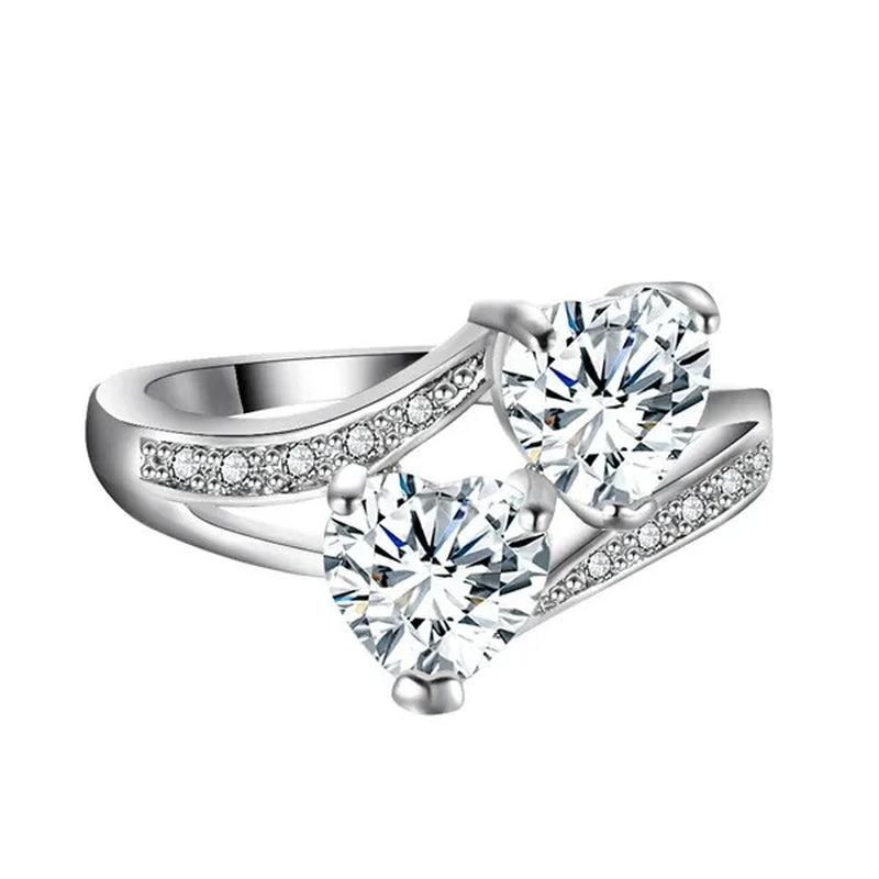 Birthstone rings...romantic double heart cut gemstone blue white opal rainbow topaz crystal ring white gold jewelry