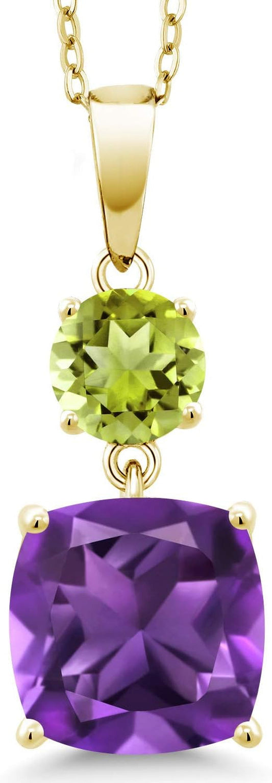 18K Yellow Gold Plated Silver Purple Amethyst and Green Peridot Pendant Necklace for Women (4.00 Cttw, Gemstone February Birthstone, Cushion 10MM, round 6MM)