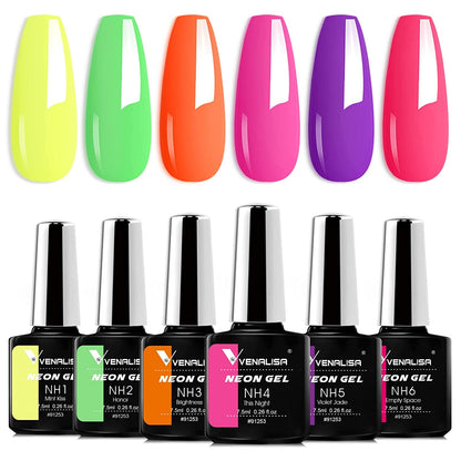 VENALISA Neon Gel Nail Polish Set- 6 Colors Gel Polish Hot Pink Bright Orange Neon Yellow Green Purple Red Gel Polish Kit, DIY Art Home Salon Gifts for Girls