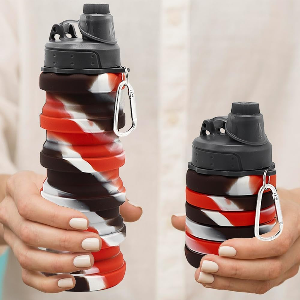 Silicone Collapsible Water Bottles, 16Oz 500Ml Portable Foldable Expandable Water Bottle Sports Cups, Leak Proof Reusable BPA Free, for Outdoor Activities Travel (A-Black Red)
