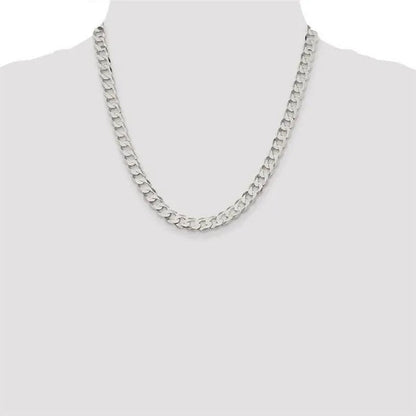 Fashion Solid 925 Silver 8Mm Close Link Flat Curb Cuban Chain Necklace with Secure Lobster Lock Clasp