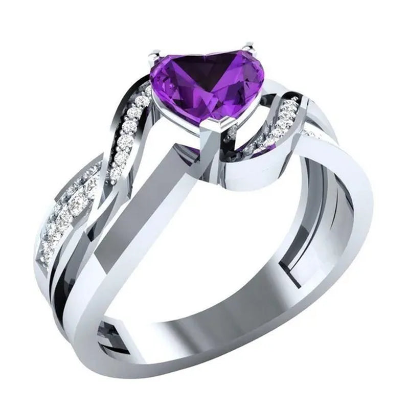 Fashion Heart Cut Purple Natural Amethyst & Diamond Ring Jewelry for Women