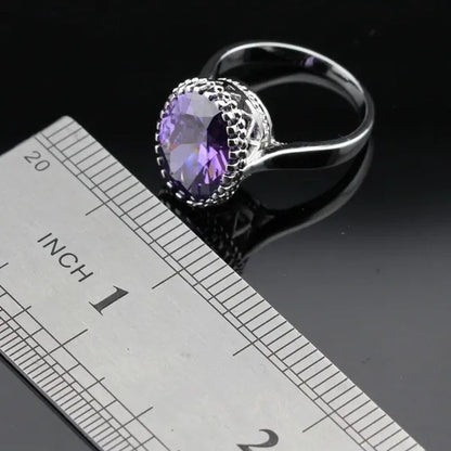 Oval Purple Amethyst Gem Stones Zircon Silver Jewelry Set Necklace Pendant Earrings Ring For Women