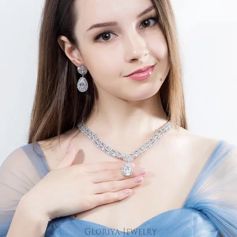 Gloriya Sparkling Cubic Zirconia Water Drop Pendant Necklace Earrings and Bracelet for Women White Gold Plated Latest Luxury Bridal Wedding Jewelry 3 Pcs Set
