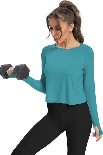 Long Sleeve Athletic Workout Shirts Sports Yoga Gym Crop Tops for Women