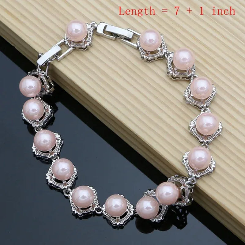 Luxury Silver 925 Jewelry Sets for Women Shiny Pink Pearl Bracelet Topaz Earrings Ring Necklace Sets Gift for Her Dropshipping