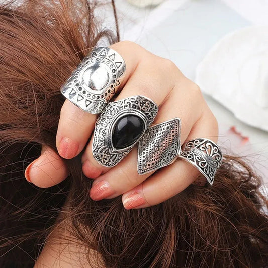 4Pcs/Set Vintage Silver Gypsy Boho Ethnic Ring Hollow Carved Gem Diamond Women  Rings