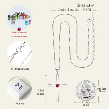 Women'S Cross Necklace 925 Sterling Silver Crucifix Pendant Heart Cut Birthstone Criss Jewelry
