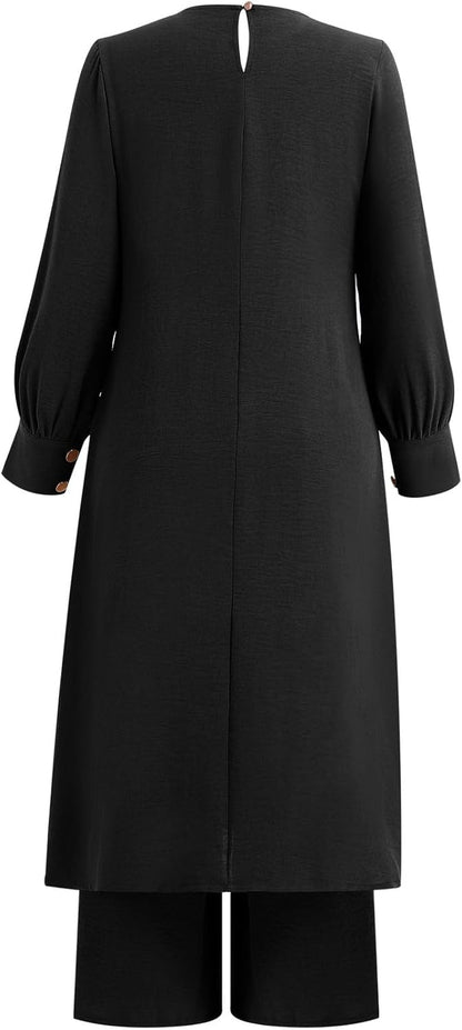 Abaya Dress for Women Muslim Set Long Sleeve Ramadan Islamic Dress Shirt with Pants 2PCS Dubai Prayer Casual Clothes