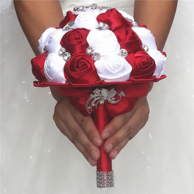 Private Custom Wedding Flower Bride Bouquet 18CM Silk Rose Wedding Bouquet Crystal Brooch Ribbon Bow Bride Bridesmaid Holding Flowers