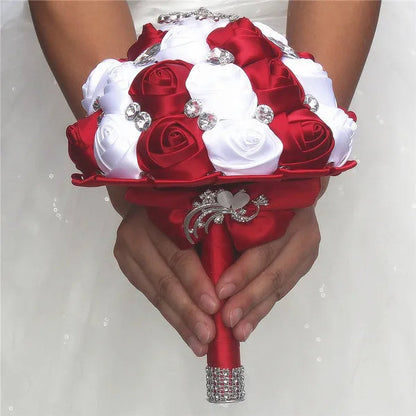 Private Custom Wedding Flower Bride Bouquet 18CM Silk Rose Wedding Bouquet Crystal Brooch Ribbon Bow Bride Bridesmaid Holding Flowers