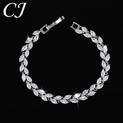 CANDICE 100% Real Silver Female Jewelry Simple Leaf Shape Multicolor Cubic Zirconia Strand Bracelet For Lady