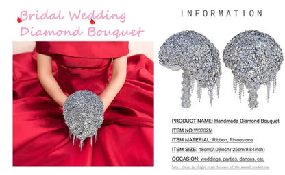 18CM High-end Luxury Full Diamond Bridal Bouquet Silver Rhinestone Brooch Tassel Wedding Flower Bouquet Handmade Bridesmaid Holding Flowers