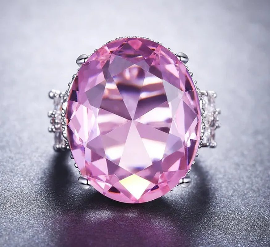 Huge  Natural Gemstones Silver Ellipse Pink Sapphire Wedding Birthstone Bride Flower Jewelry Size 5 6 7 8 9 10