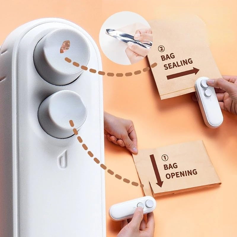 Mini Bag Sealer, 2024 New 2 in 1 Usb Rechargeable Chip Bag Sealer Heat Seal, Portable Handheld Rechargeable Vacuum Food Sealer Bag Sealing Machine for Snacks Chips Fresh Storage (White)