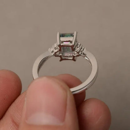 Exquisite Women's 925 Sterling Silver Ring Princess Cut Mystic Rainbow Topaz Engagement Diamond Jewelry Christmas Birthday Proposal Gift Halloween Party Wedding Band Rings Size 6 - 10