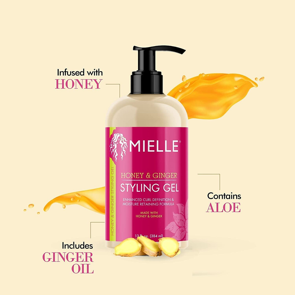 Honey & Ginger Styling Gel for Enhanced Curl Definition and Moisture Retaining with Aloe for Dry, Curly, Thick, and Frizzy Hair, Non-Sticky, 13 Ounces