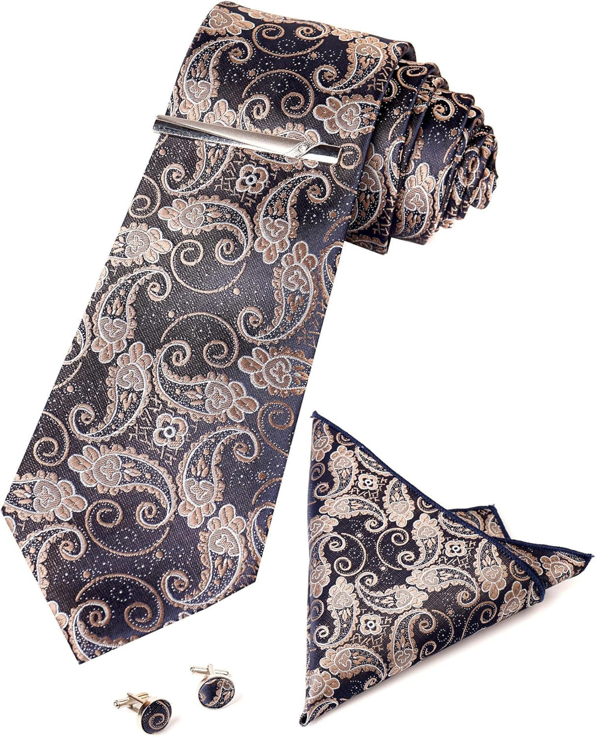 Men'S Paisley Necktie and Pocket Square Cufflink Tie Clip Set Slim Ties Gift for Men