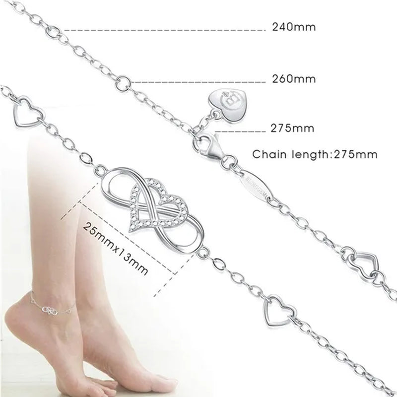 Exquisite Fashion Womens Ankle Bracelet 925 Sterling Silver Anklet Cubic Zirconia Infinity Heart Summer Beach Stylish Chain Adjustable Gift for Women