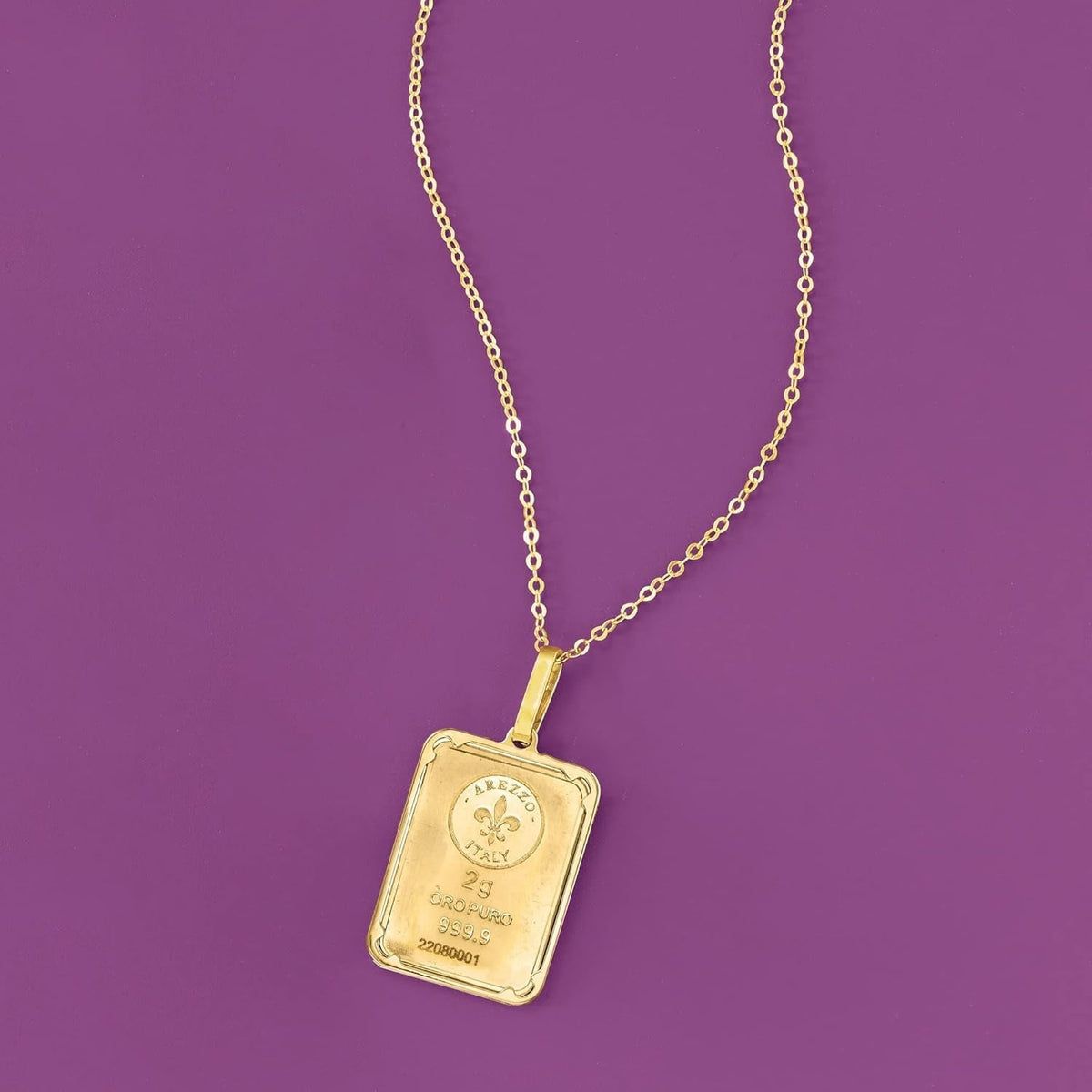 Italian 24Kt Yellow Gold Fleur-De-Lis 2-Gram Ingot Pendant Necklace with 14Kt Yellow Gold Frame. 20 Inches