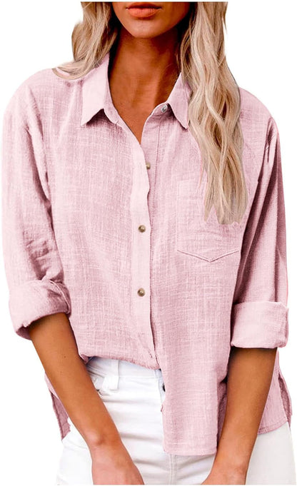 Women Cotton Linen Summer Tops Button down Shirts Dressy Causal Long Sleeve Gauze Blouses Trendy Boho Clothes 2024