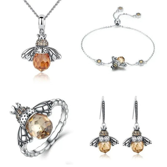 Fashion 925 Sterling Silver Queen Bee Crystal Gemstone Cubic Zirconia Ring Earrings Necklace Bracelet Jewelry Set CZ Charm Women Bridal Engagement Wedding Jewelry Set Gift