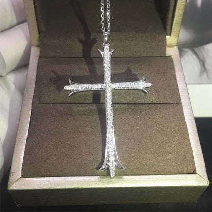 925 Sterling Silver Religious Cross Long Pendant Necklace Moissanite Charm Necklace for Women Fashion Necklace Unisex Party Banquet Fine Jewelry Personality Valentine Gift