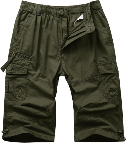 Men'S Cargo Shorts Casual Twill Elastic 3/4 Capri Pants below Knee Long Shorts with 7 Pockets