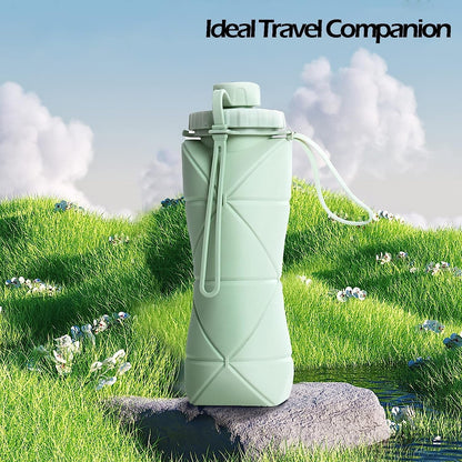 Collapsible Water Bottle, Silicone Foldable Water Bottles for Travel, Easy-To-Carry Design and Compact Size, BPA Free, 20 Oz (Green)