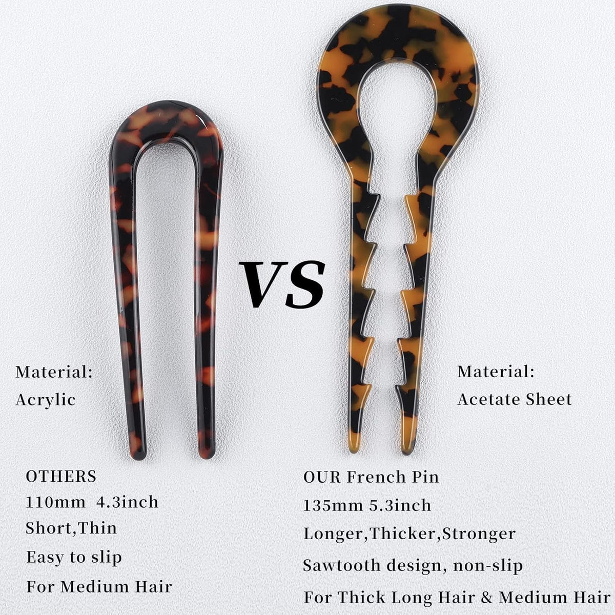 5.3Inch U Shaped Acetate 2 Prong Bun French Pin, Hair Fork for Women(Pack of 3)