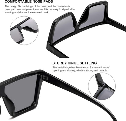 Square Sunglasses for Women Men Fashion Big Frame Flat Top Sun Glasses Mirror Lens