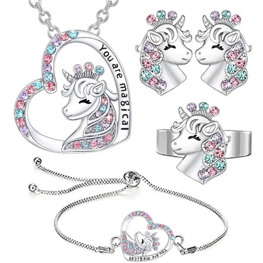1/4Pcs You Are Magical Heart Shape Birthstone Crystal Unicorn Necklace Bracelet Adjustable Ring Stud Earrings Colorful Diamond Horse Jewelry Set Gift for Girls Friends Sisters Daughter