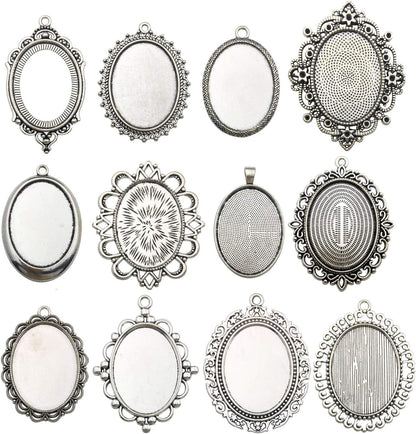 10 Pendant Trays, 30X40Mm, Blank Oval Cabochons Base Setting Bezel Frame Metal Cameo for Photo Pendant Jewelry Making (Antique Silver-Hm278)