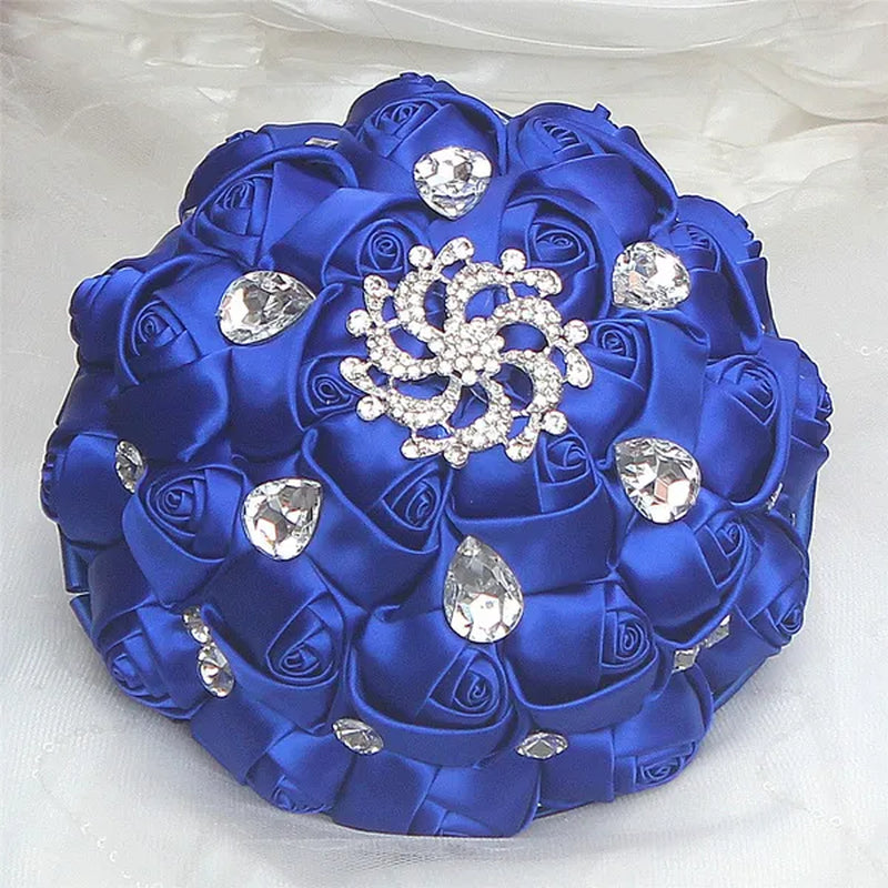 Private Custom Wedding Flower Bride Bouquet 18CM Silk Rose Wedding Bouquet Crystal Brooch Ribbon Bow Bride Bridesmaid Holding Flowers