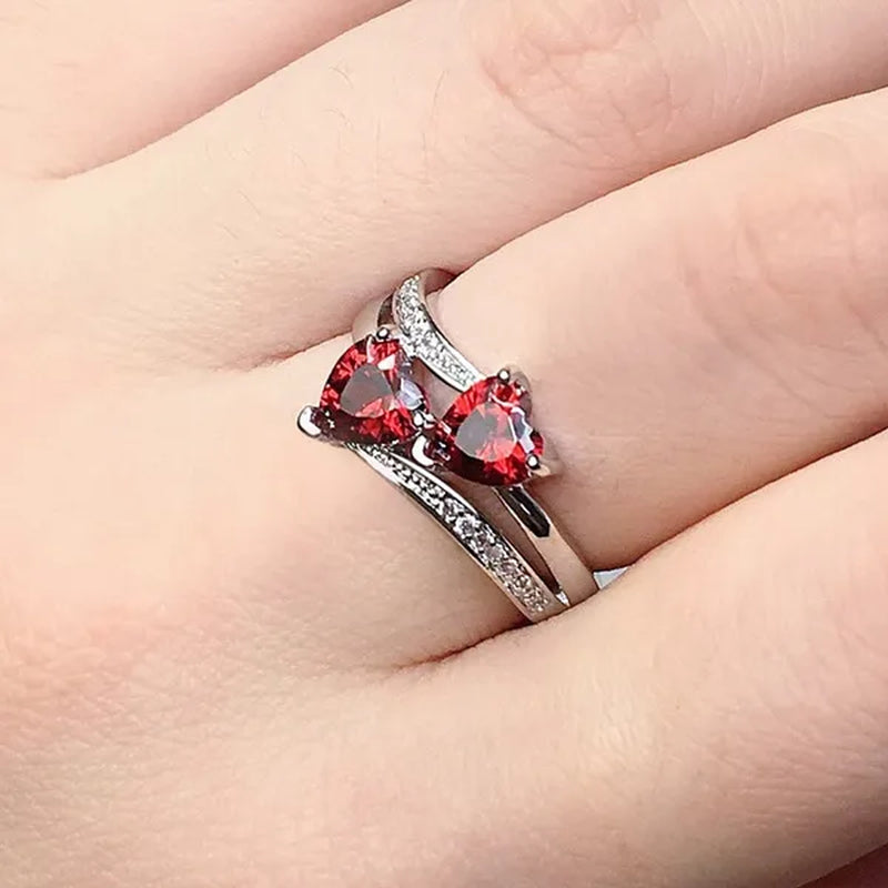 Fashion Elegance Silver Color Double Heart-Shaped Zircon Birthstone Bridal Princess Wedding Engagement Party Ring Size 5-11
