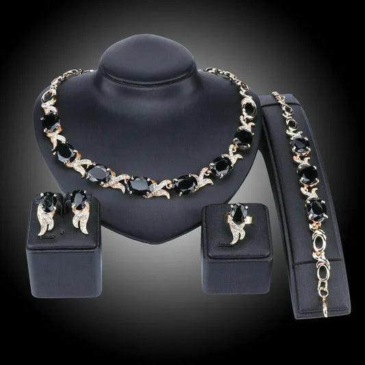 Women Gold Plated Crystal Zircon Ruby Pendant Wedding Party Necklace Bracelet Ring Earring Jewelry Sets