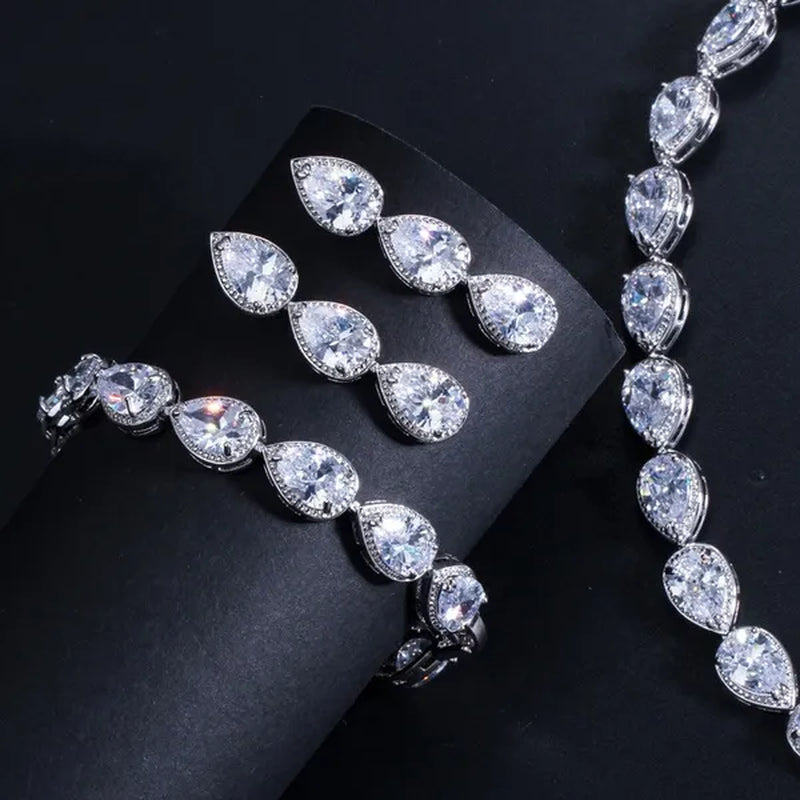 Gloriya Noble Jewelry Set Bridal Accessories High Quality Platinum Plated CZ Water Drop Charm Choker Necklace Earrings for Women Heavy Dinner