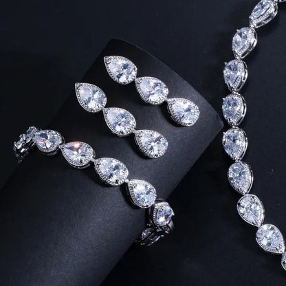 Gloriya Noble Jewelry Set Bridal Accessories High Quality Platinum Plated CZ Water Drop Charm Choker Necklace Earrings for Women Heavy Dinner