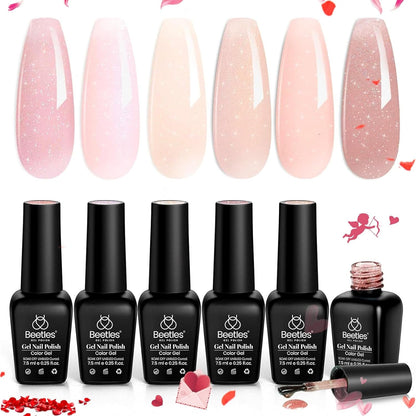 Beetles Gel Nail Polish Set, 6 Colors Jelly Gel Polish Nude Pink Gel Neutral Nail Art Design Translucent Gel Nail Kits Soak Off Uv Nail Lamp Cured Nail Manicure DIY Home for Women
