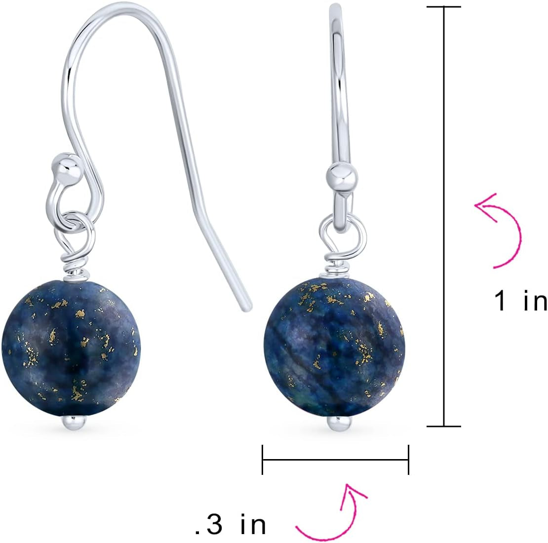 Simple Basic Gemstone round 8MM Bead Ball Drop Dangle Earrings for Women Teen Secure French Fish Hook Wire .925 Sterling Silver Birthstones More Colors