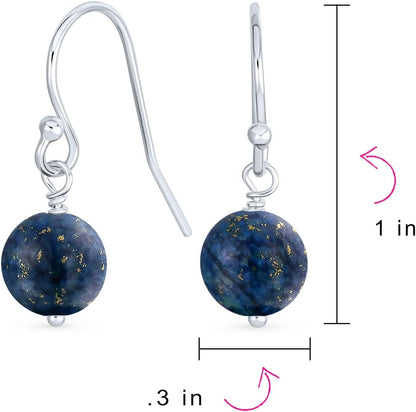 Simple Basic Gemstone round 8MM Bead Ball Drop Dangle Earrings for Women Teen Secure French Fish Hook Wire .925 Sterling Silver Birthstones More Colors