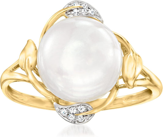 10-10.5Mm Cultured Pearl Leaf Ring with Diamonds in 14Kt Yellow Gold. Size 9