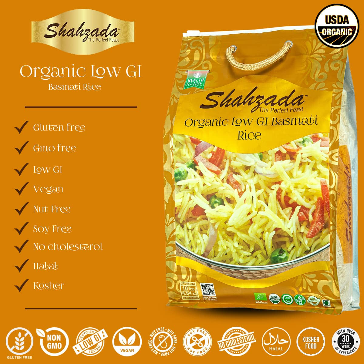 Diabetic Friendly, Specially Processed Basmati Rice 10 Lbs | Low G.I. Index Value, 100% USDA ORGANIC Certified Rice, Extra Long Grain, Vegan NON-GMO, Vegan, Gluten, Soy, Egg Free, Resealable Zip-Lock Bag to Seal Freshness-Tradition of Quality |10 Pound Pa