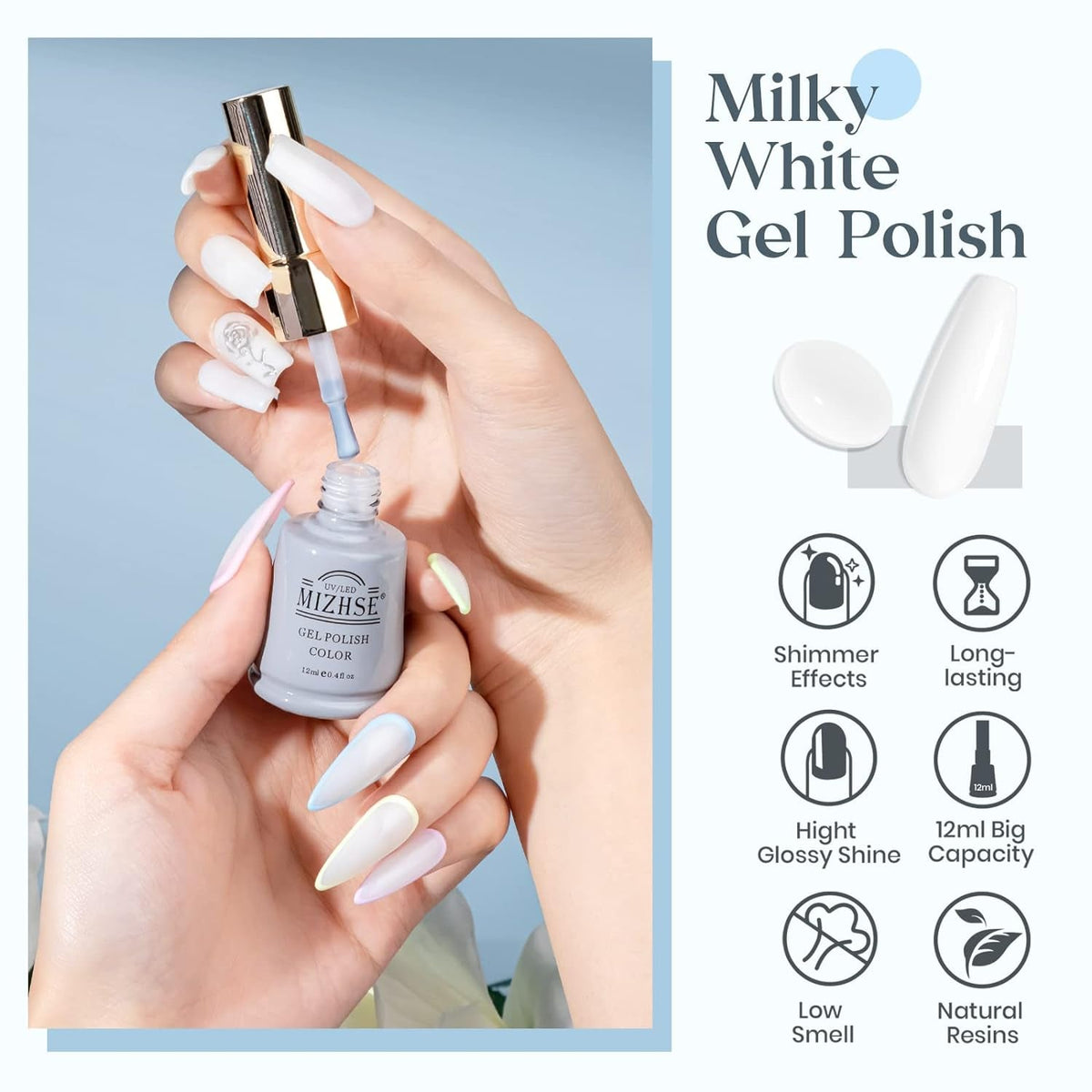 Milky White Gel Nail Polish, Jelly Sheer White Color Soak Off UV Gel Polish For Nail Art Salon French Manicure Home DIY 12mL 0.4 Fl Oz