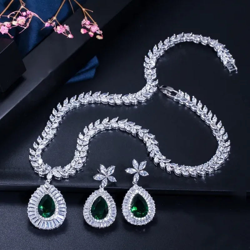 CANDICE Luxury Bridal Red CZ Stone Costume Jewelry Sets Pear Drop Red Zirconia Party Necklace Earrings Set For Women Wedding