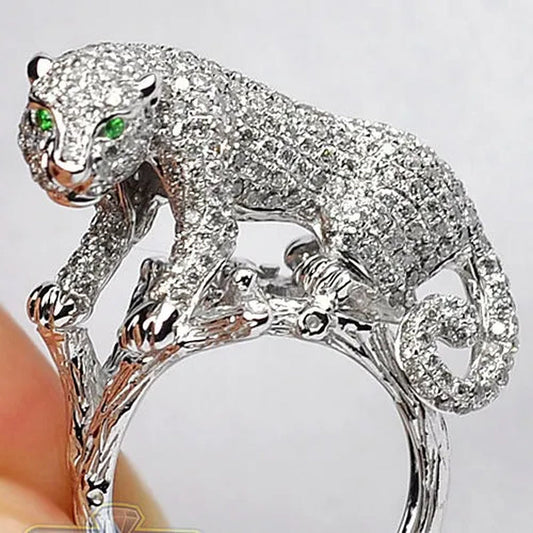 925 Sterling Silver Natural Gemstone Ring White Sapphire Diamond Pave Panther Cat Men Womens Ring Brand Jewelry