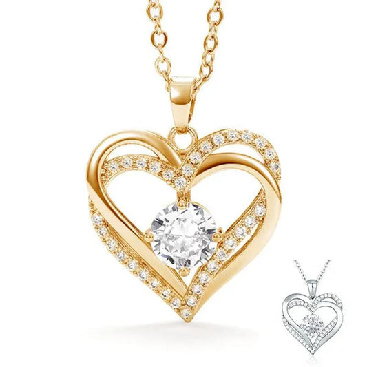 Exquisite Fashion Golded Plated Pave Setting Diamond Double Heart Pendant Necklace for Women Bridal Wedding Romantic Gift
