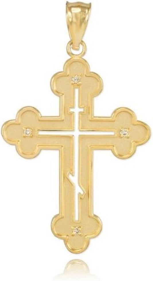 14K Yellow Gold Diamond Pendant Eastern Orthodox Cross Charm Pendant