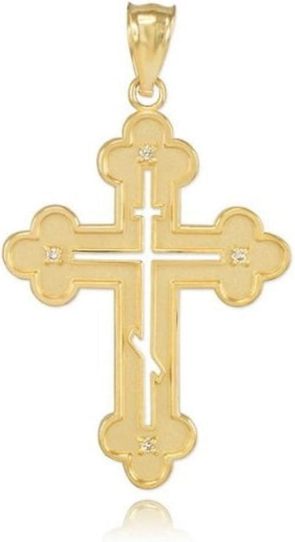 14K Yellow Gold Diamond Pendant Eastern Orthodox Cross Charm Pendant